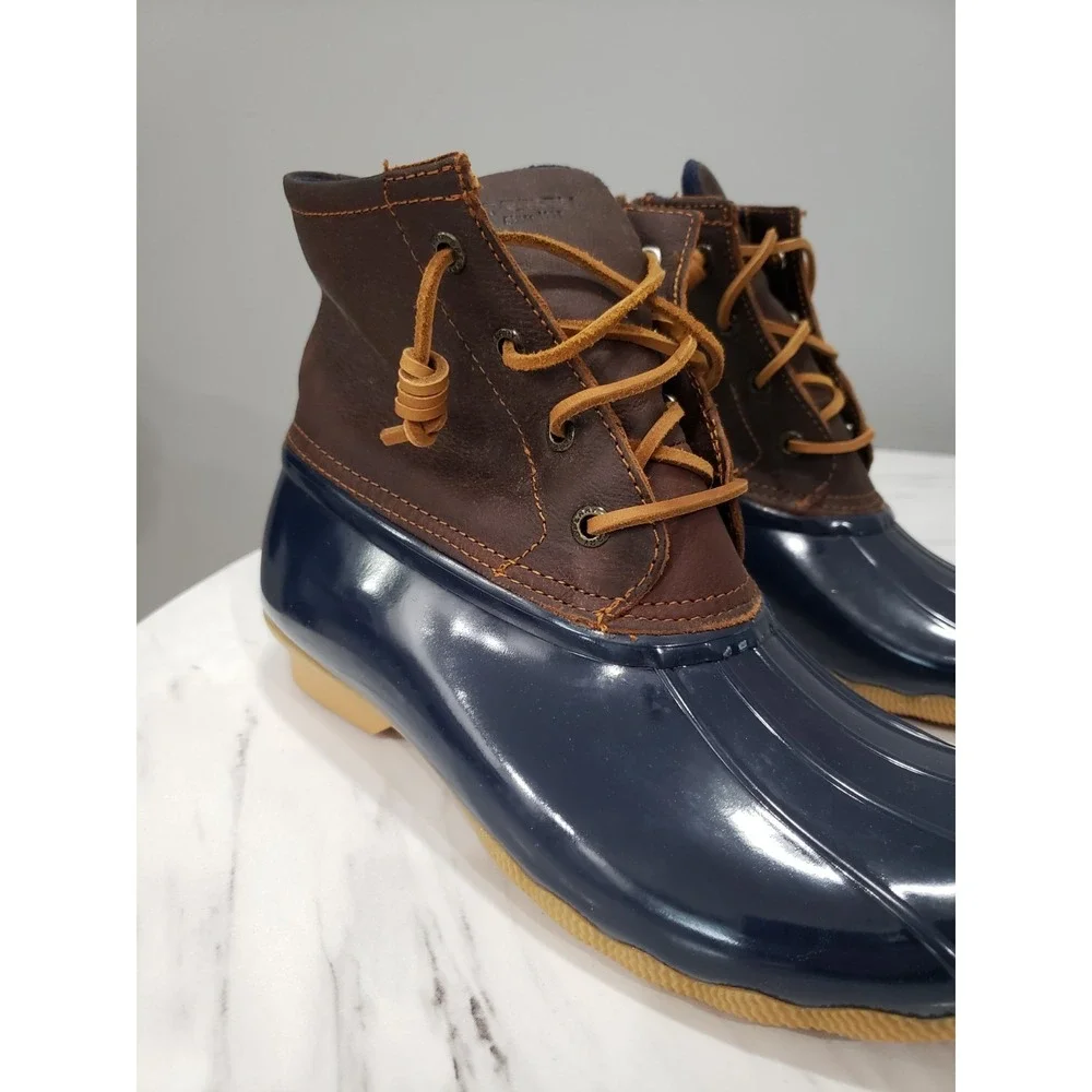 NEW NO BOX SZ 8 Sperry Saltwater Waterproof Duck Rain Boots Blue Brown Leather